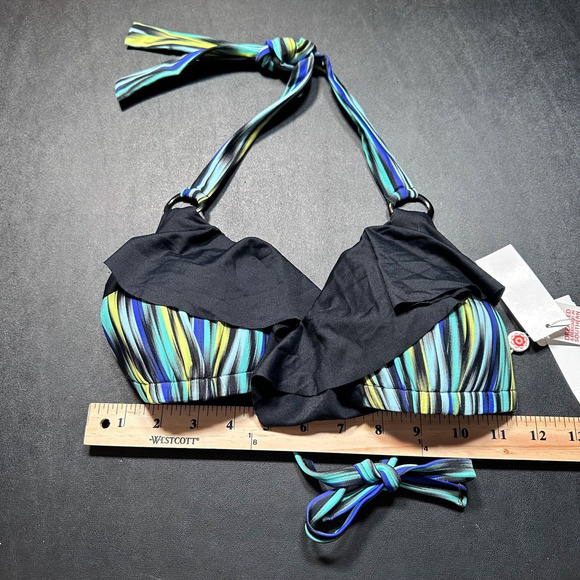 Swim Systems Ruffle Slide Push Up Triangle Swim Top Medium Green/Blue Black New - Picture 4 of 8